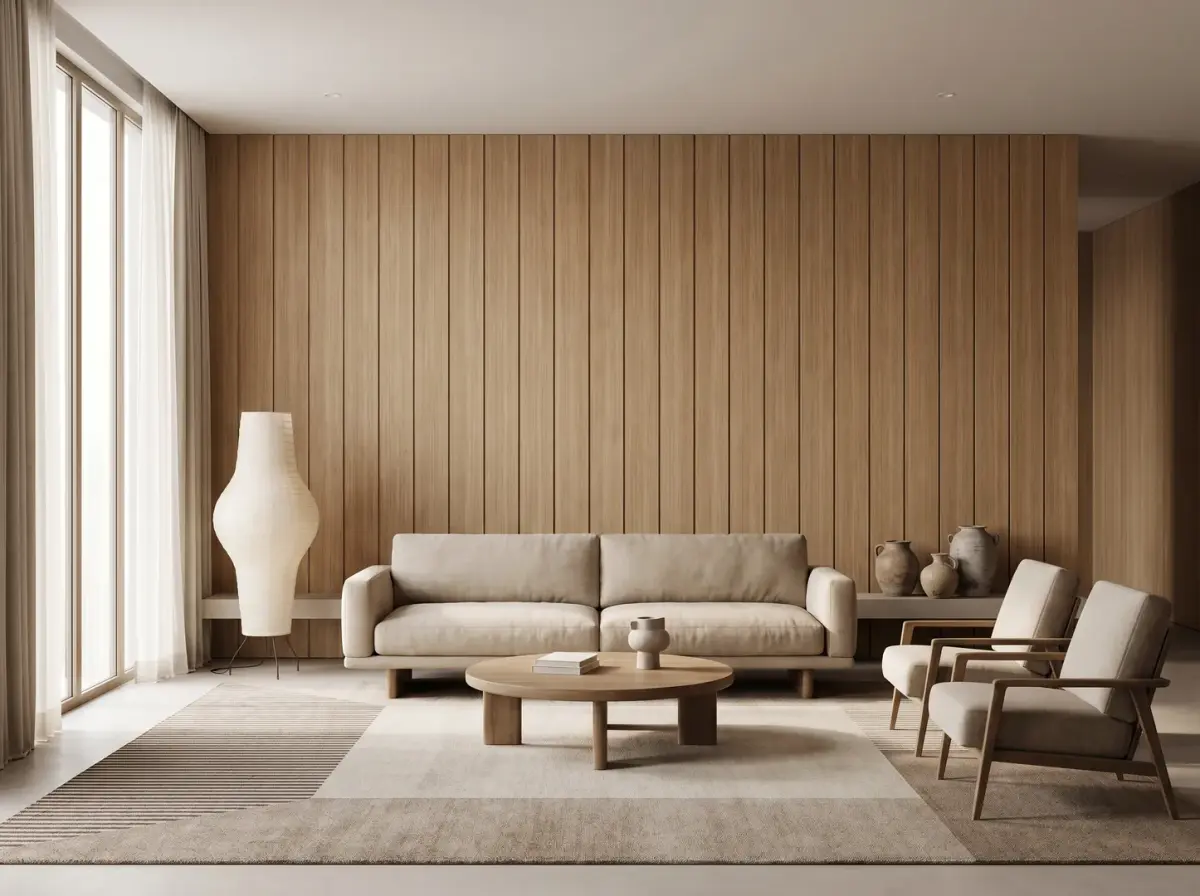 WPC wall panel system in a warm modern living room